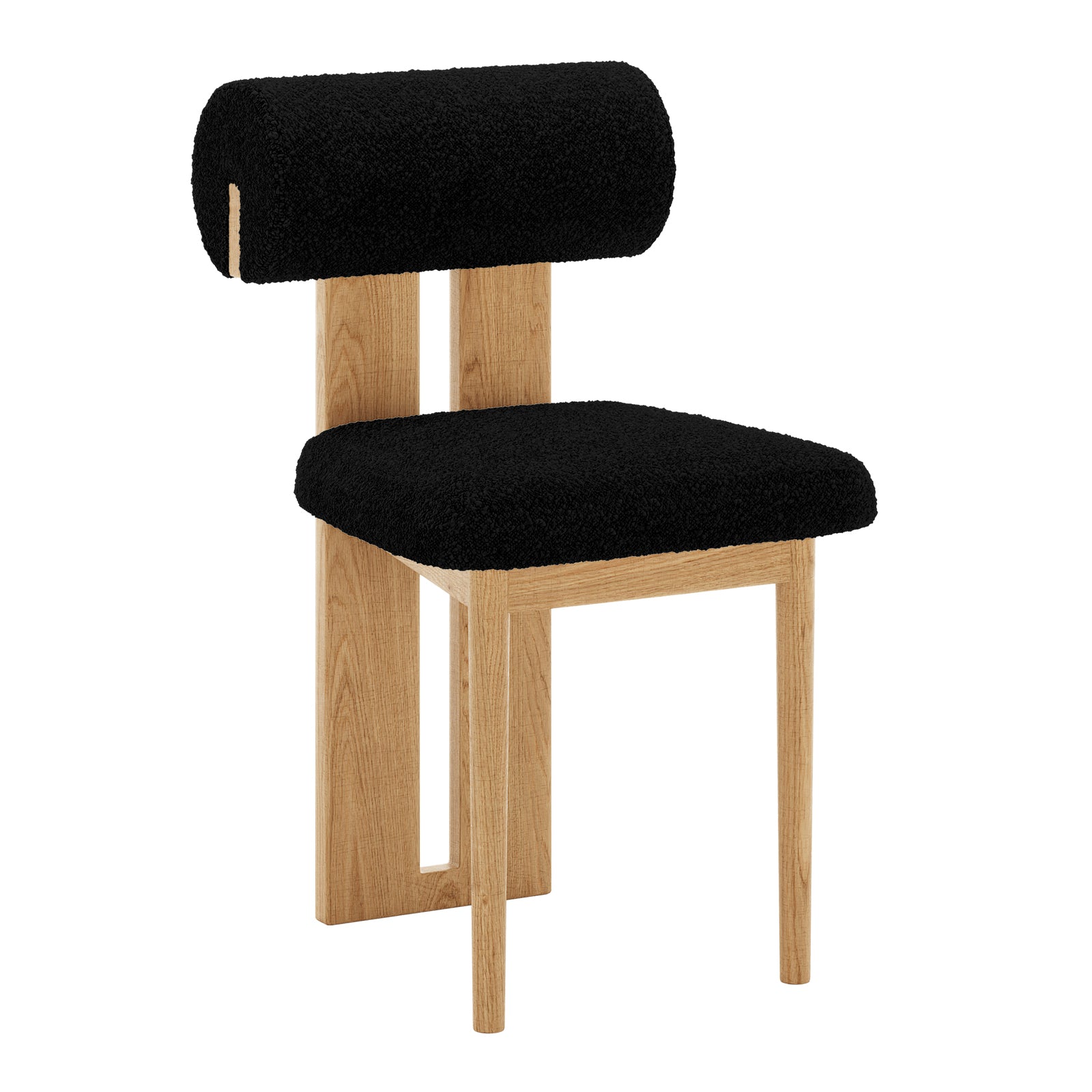 Angled view of Wylie Boucle Oak Dining Chair set, featuring a black cushioned seat with wooden legs, showcasing modern design and plush comfort.