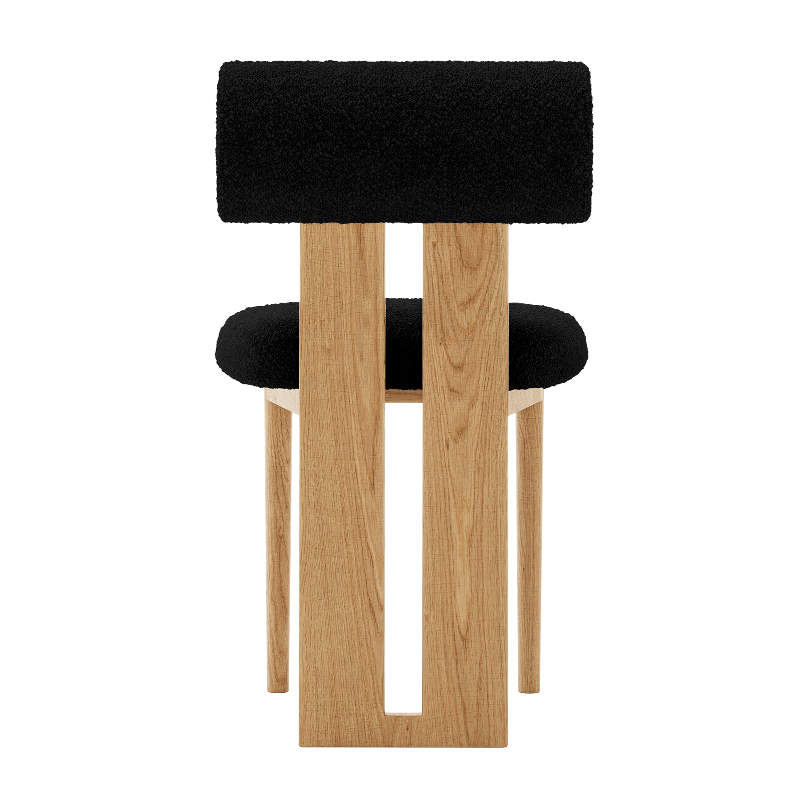 Rear view of Wylie Boucle Oak Dining Chair Black Set of Two, featuring plush boucle upholstery, wooden legs, and a cushioned seat for modern dining comfort