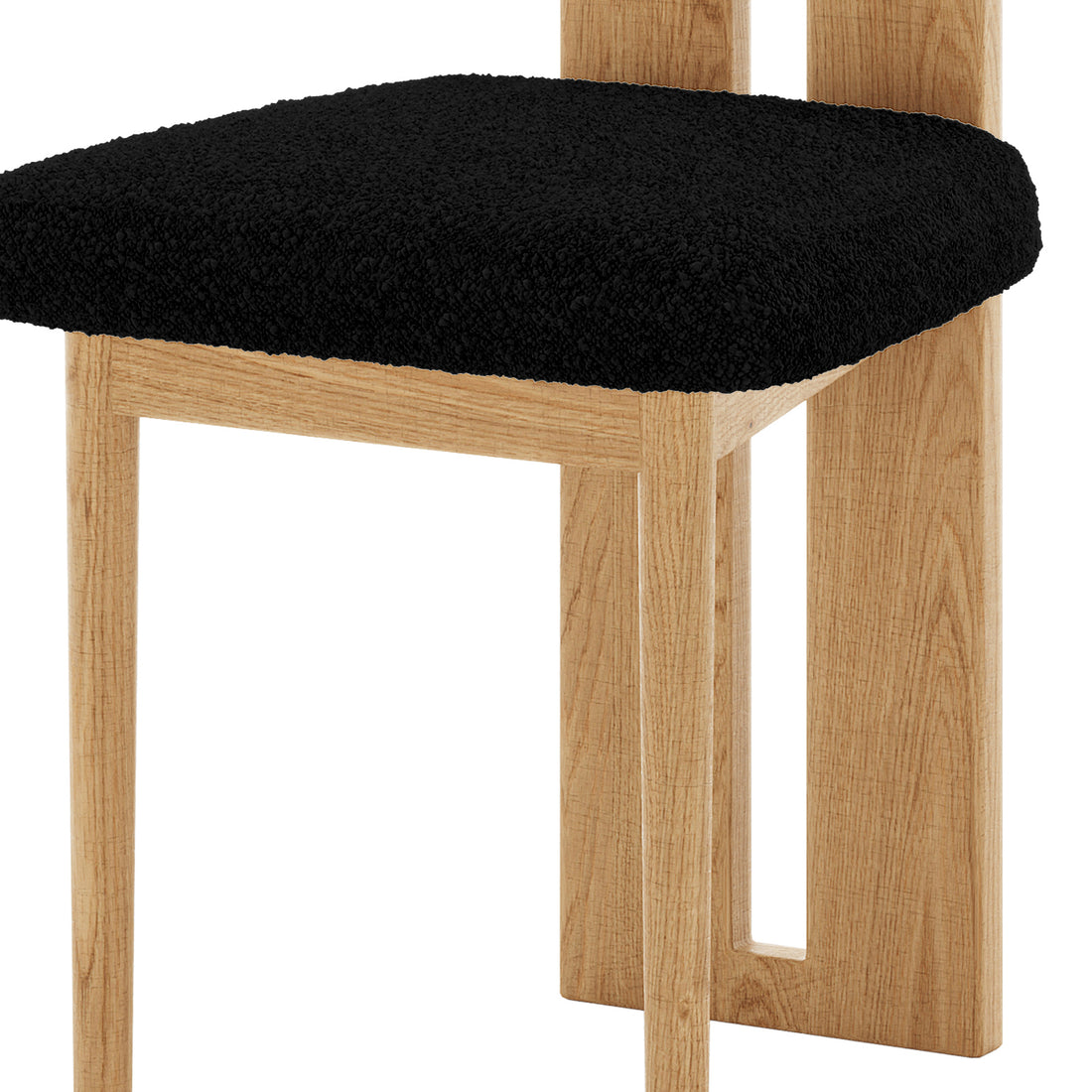 Wylie Boucle Oak Dining Chair Black Set of Two, featuring plush cushions and a sturdy wooden frame, designed for stylish, comfortable dining.