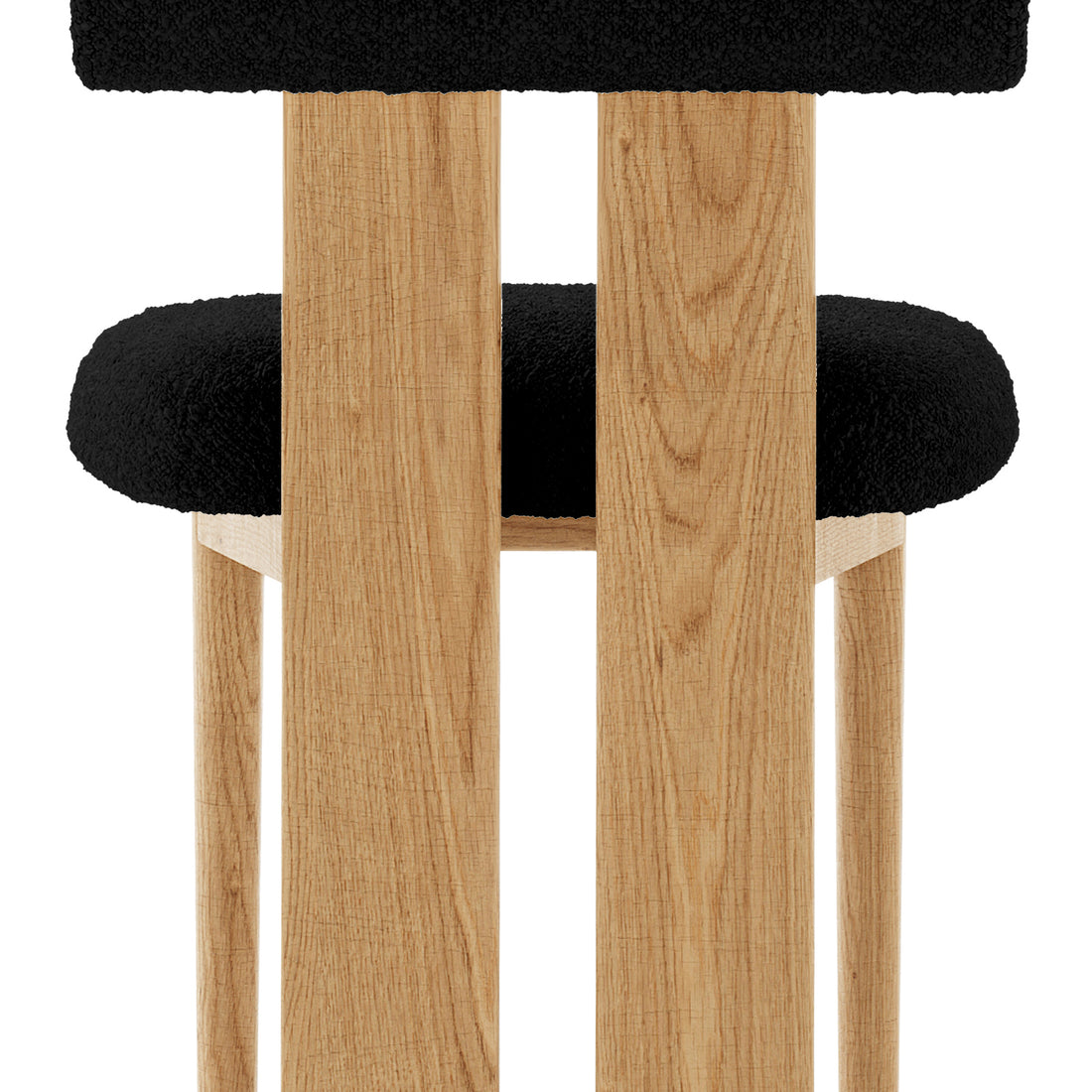 Wylie Boucle Oak Dining Chair (Set of Two) features a solid oak frame with a plush black cushion, showcasing modern design and craftsmanship.