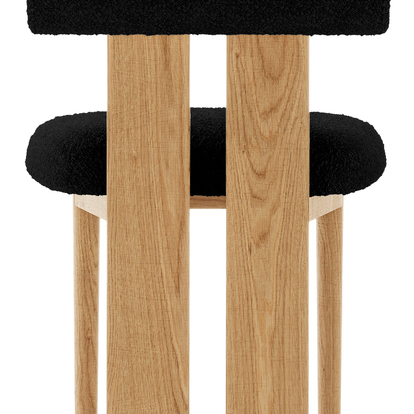 Wylie Boucle Oak Dining Chair (Set of Two) features a solid oak frame with a plush black cushion, showcasing modern design and craftsmanship.