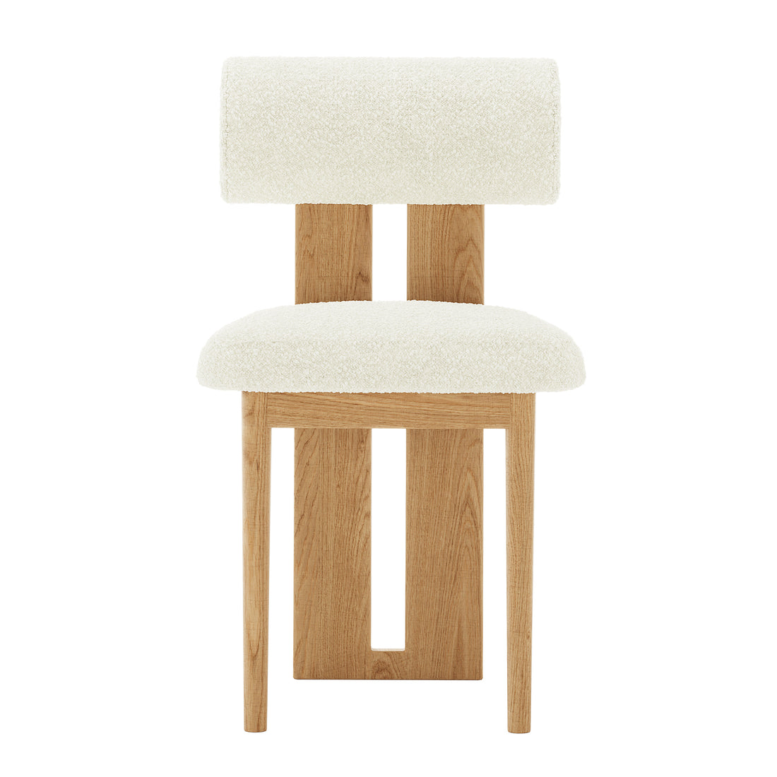 Close-up of a wooden chair with a thick white cushion, highlighting the Wylie Boucle Oak Dining Chair's elegant design and solid oak frame, perfect for modern dining rooms. Set includes two chairs.