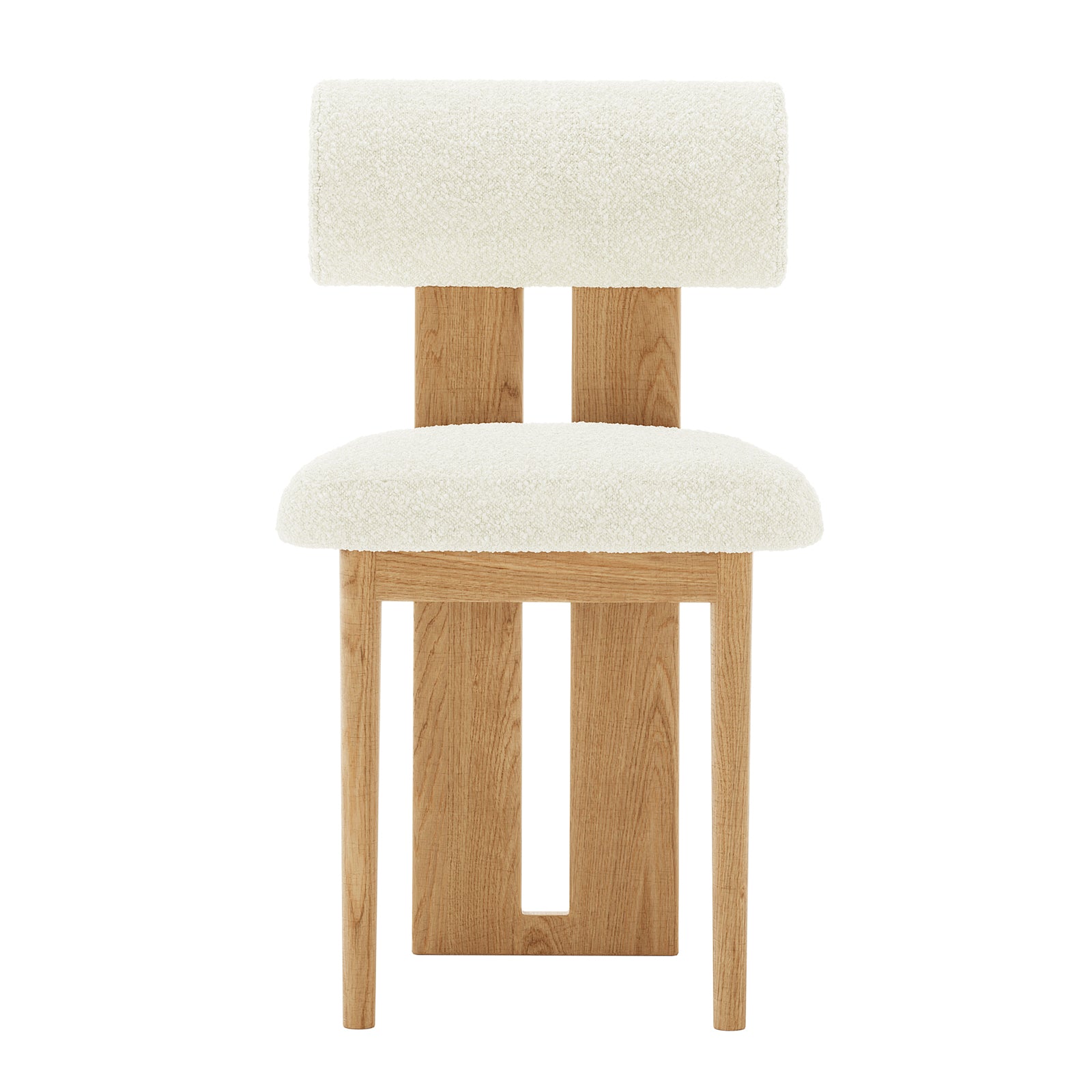 Close-up of a wooden chair with a thick white cushion, highlighting the Wylie Boucle Oak Dining Chair's elegant design and solid oak frame, perfect for modern dining rooms. Set includes two chairs.