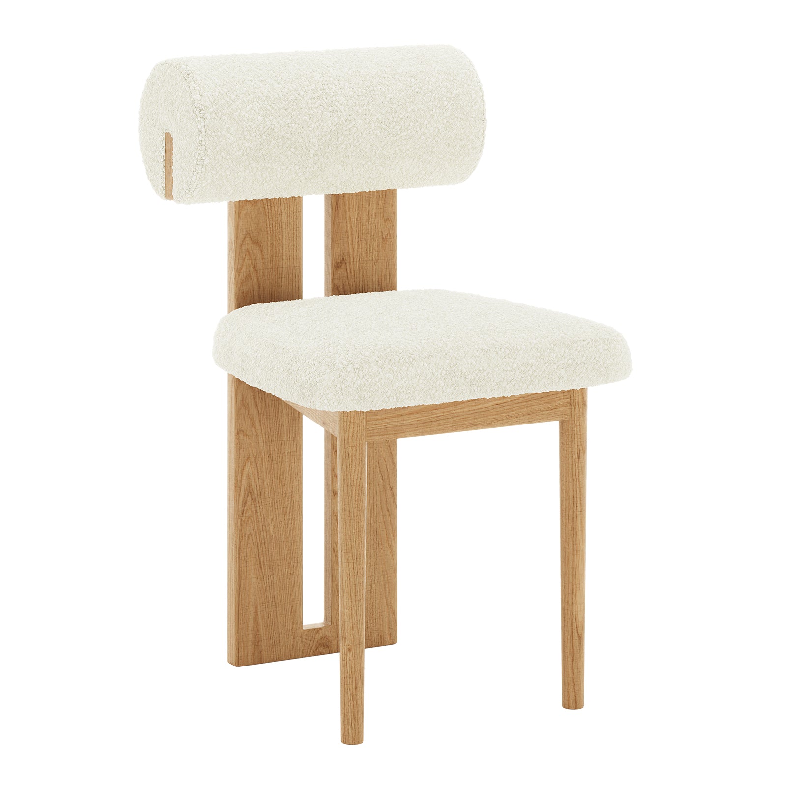 Close-up of Wylie Boucle Oak Dining Chair's cushion and wood frame, highlighting plush boucle fabric and solid oak construction for stylish comfort. Part of a set of two chairs.