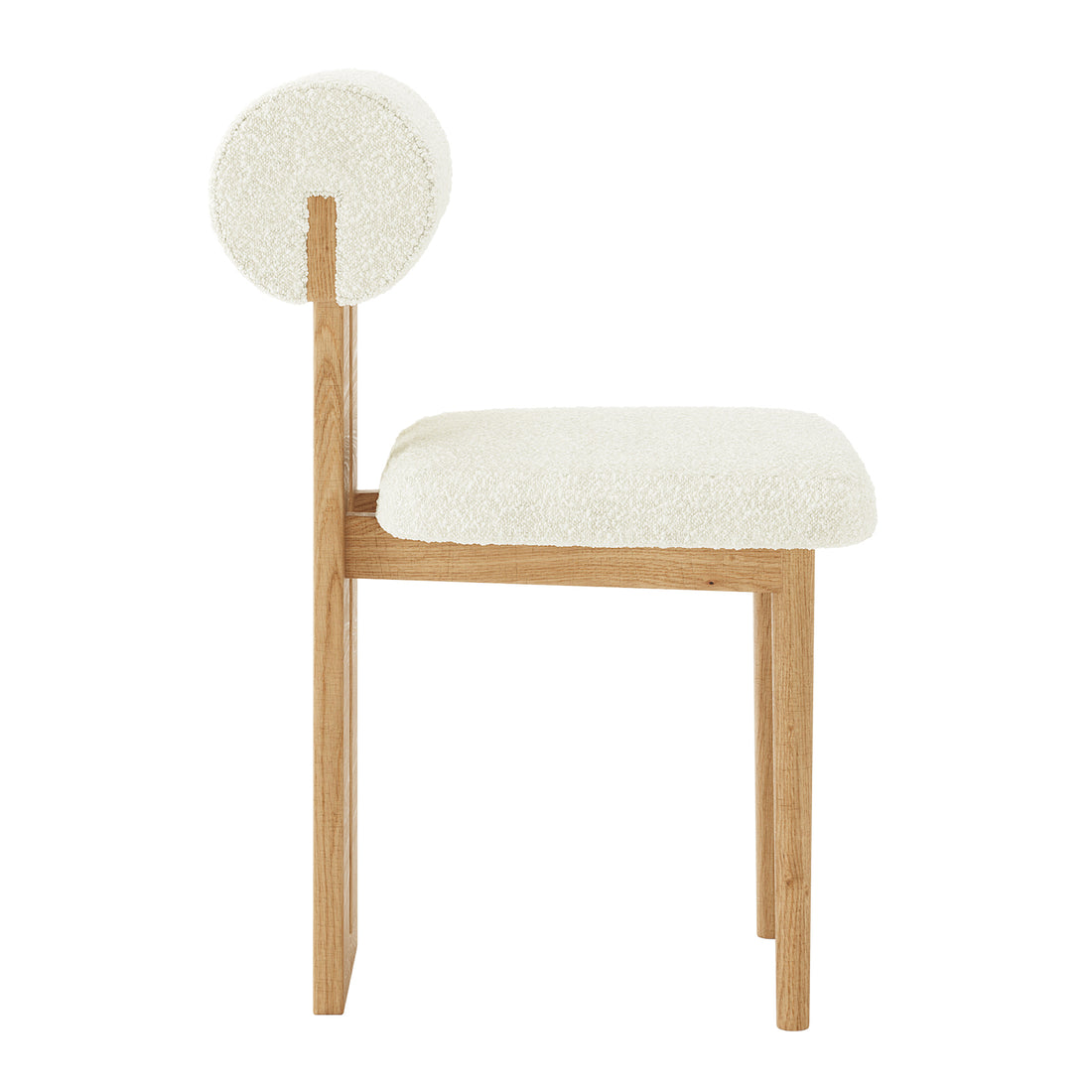 Wylie Boucle Oak Dining Chair Cream White Set of Two, featuring a wooden frame with elegant accents and plush boucle fabric cushions on the seat and backrest, designed for comfort and modern style.