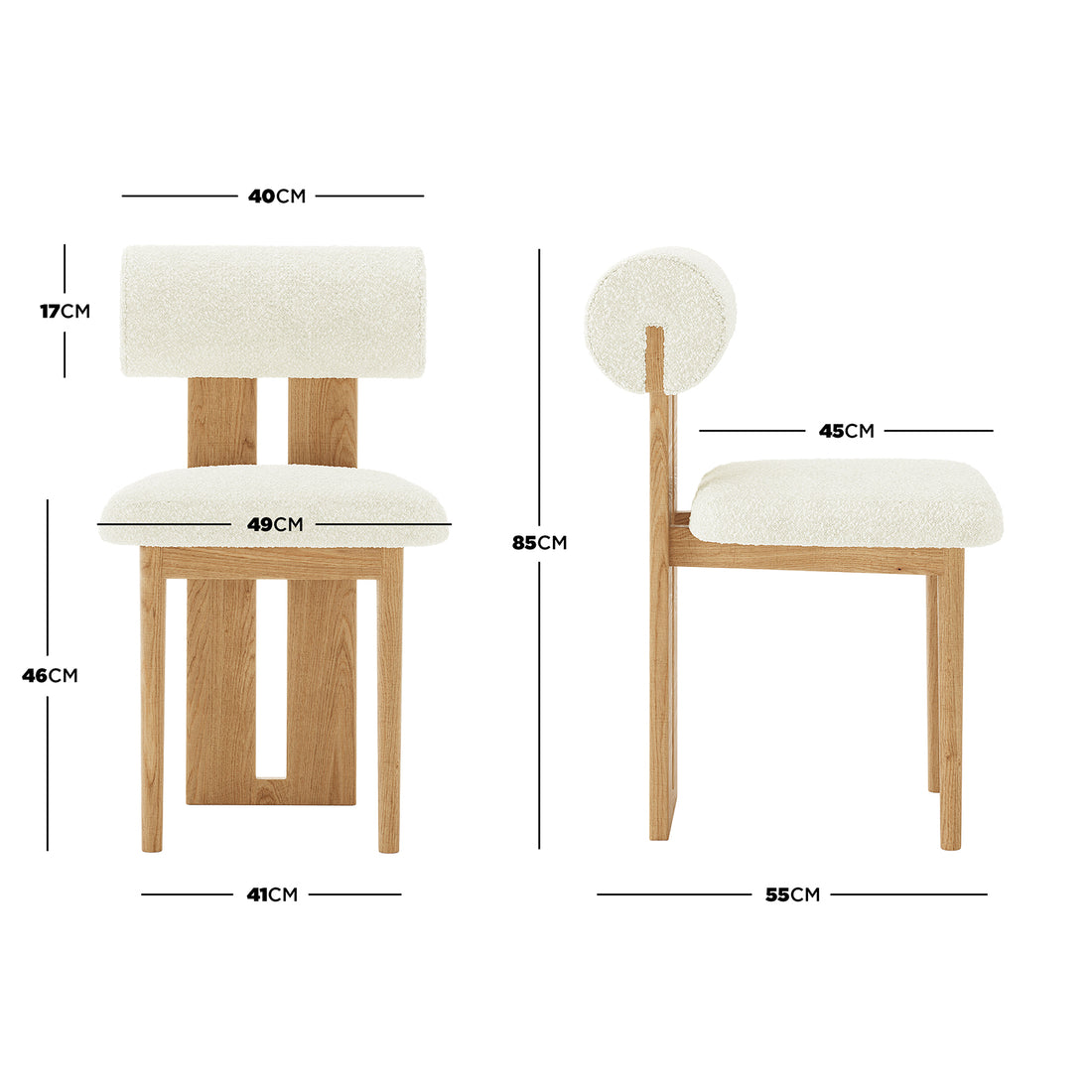 Wylie Boucle Oak Dining Chair Set of Two features plush boucle upholstery, a round seat, solid oak frame, and curved backrest with wooden accents, designed for modern dining spaces.