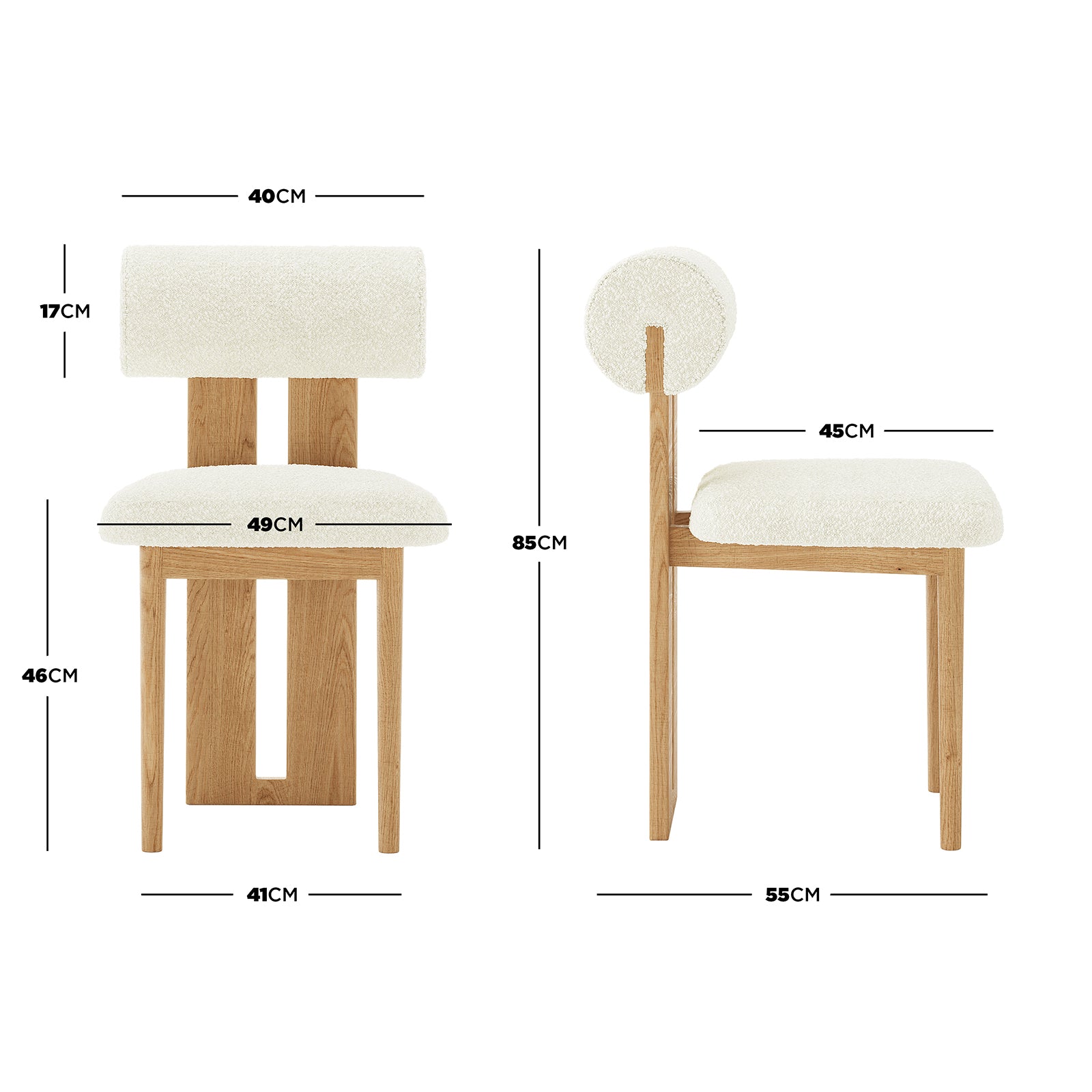Wylie Boucle Oak Dining Chair Set of Two features plush boucle upholstery, a round seat, solid oak frame, and curved backrest with wooden accents, designed for modern dining spaces.