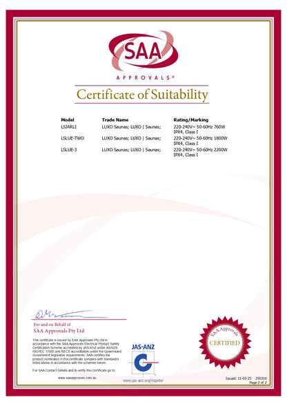 Lue 3 Person Full Spectrum Curved Infrared Indoor Home Sauna, depicted on a Certificate of Suitability. Features detailed, including model numbers and compliance marks, highlighting its safety and certification standards.