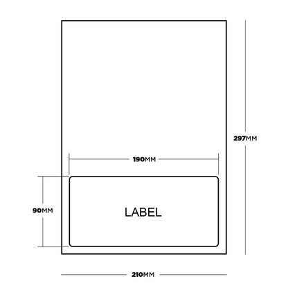 Luxelabel Matte Integrated A4 Label Paper featuring a centered 190mm x 90mm label at the bottom on an A4 sheet, designed for efficient printing of both documents and labels.