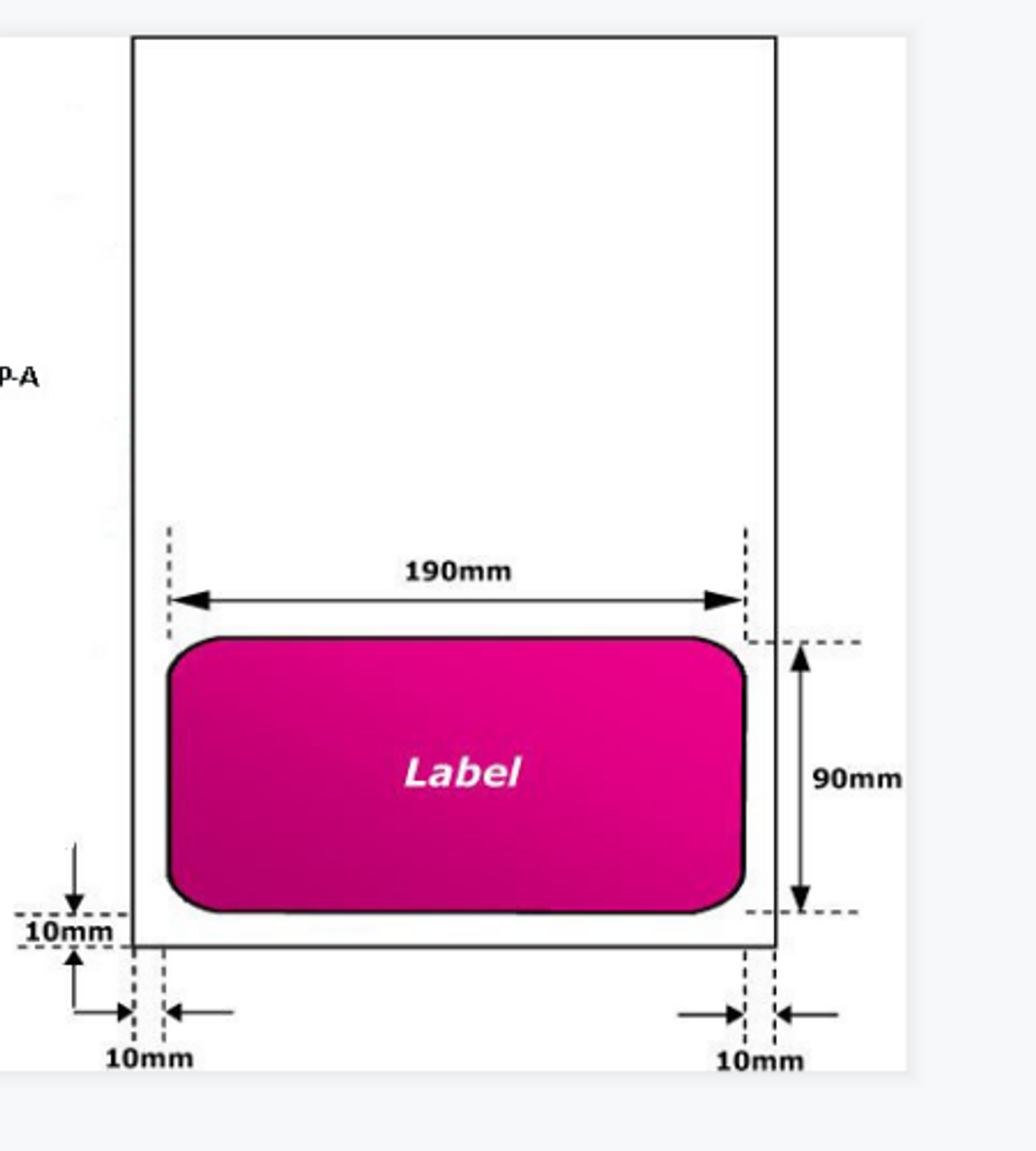 Luxelabel Matte Integrated A4 Label Paper layout with 190x90mm rounded corner label centered on A4 sheet, marked by 10mm margins, ideal for printing eBay/Amazon packing slips efficiently.