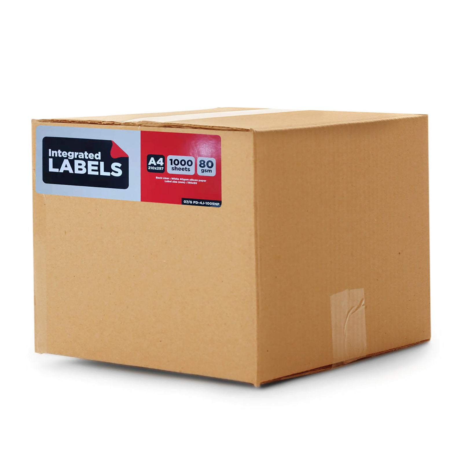 Sealed cardboard carton labeled “Luxelabel Matte Integrated A4 Label Paper” containing 1,000 sheets of A4 sticker paper with integrated address labels for efficient e-commerce packing slips.