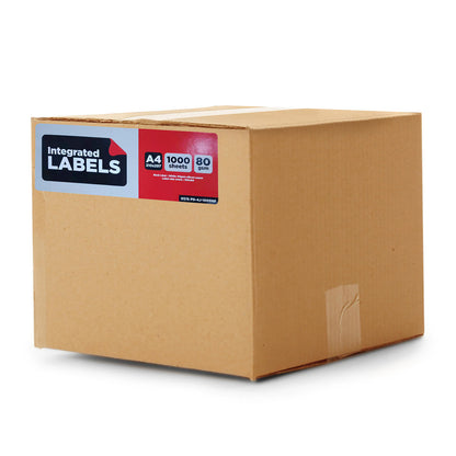 Sealed cardboard carton labeled “Luxelabel Matte Integrated A4 Label Paper” containing 1,000 sheets of A4 sticker paper with integrated address labels for efficient e-commerce packing slips.
