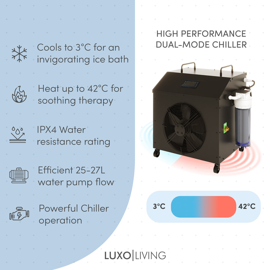 Lambert 2-Person 1HP Chiller Ice Bath in Black, showcasing a sturdy black box-style unit with digital controls, emphasizing dual-mode cooling/heating features, efficient water flow, and sleek design for performance and relaxation.