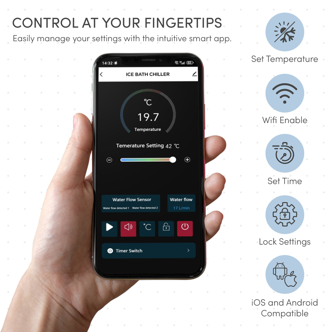 A hand holds a smartphone displaying the “Ice Bath Chiller” app for the Lambert 2-Person 1HP Chiller Ice Bath in Black, showing temperature settings, flow rate, and control icons.