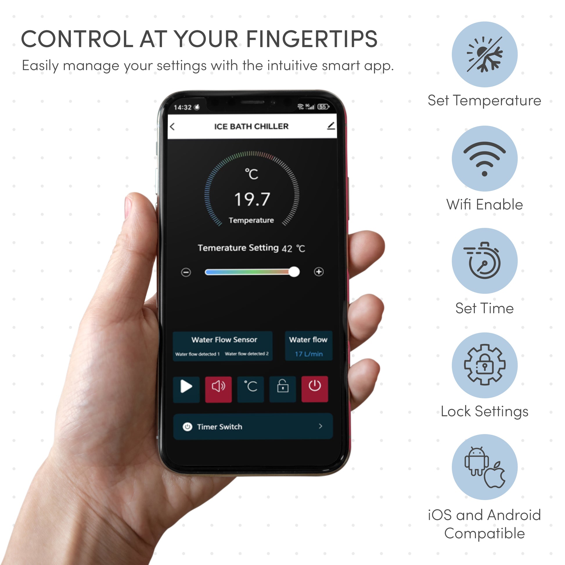 A hand holds a smartphone displaying the “Ice Bath Chiller” app for the Lambert 2-Person 1HP Chiller Ice Bath in Black, showing temperature settings, flow rate, and control icons.
