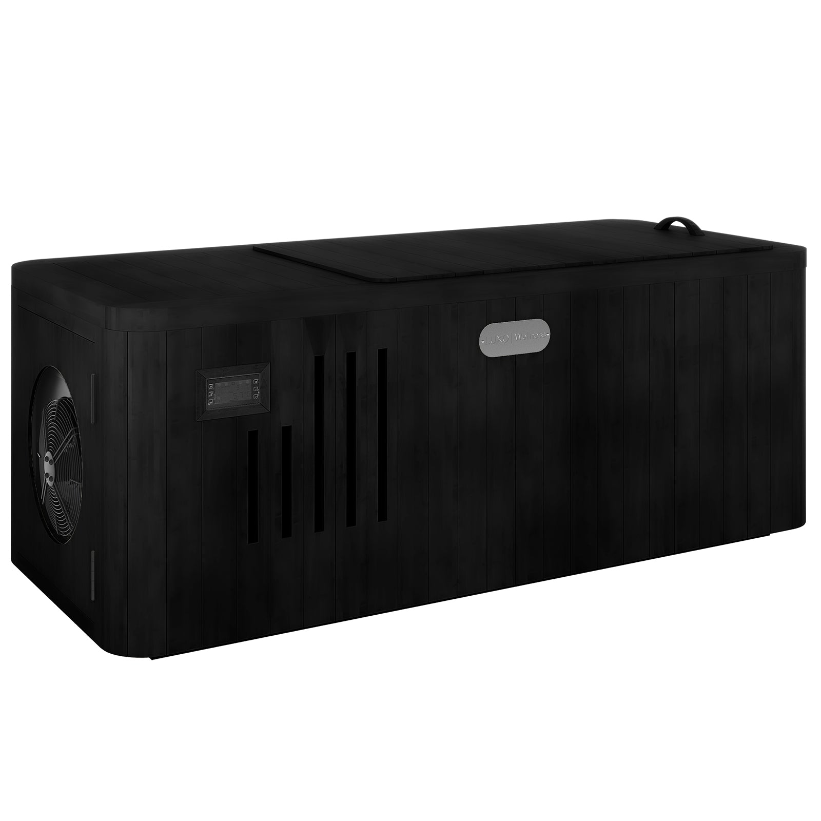 Lambert 2-Person 1HP Chiller Ice Bath in Black, featuring a sleek rectangular design with built-in heat-pump, digital controls, and an insulated spa cover, ideal for cold and heat therapy.