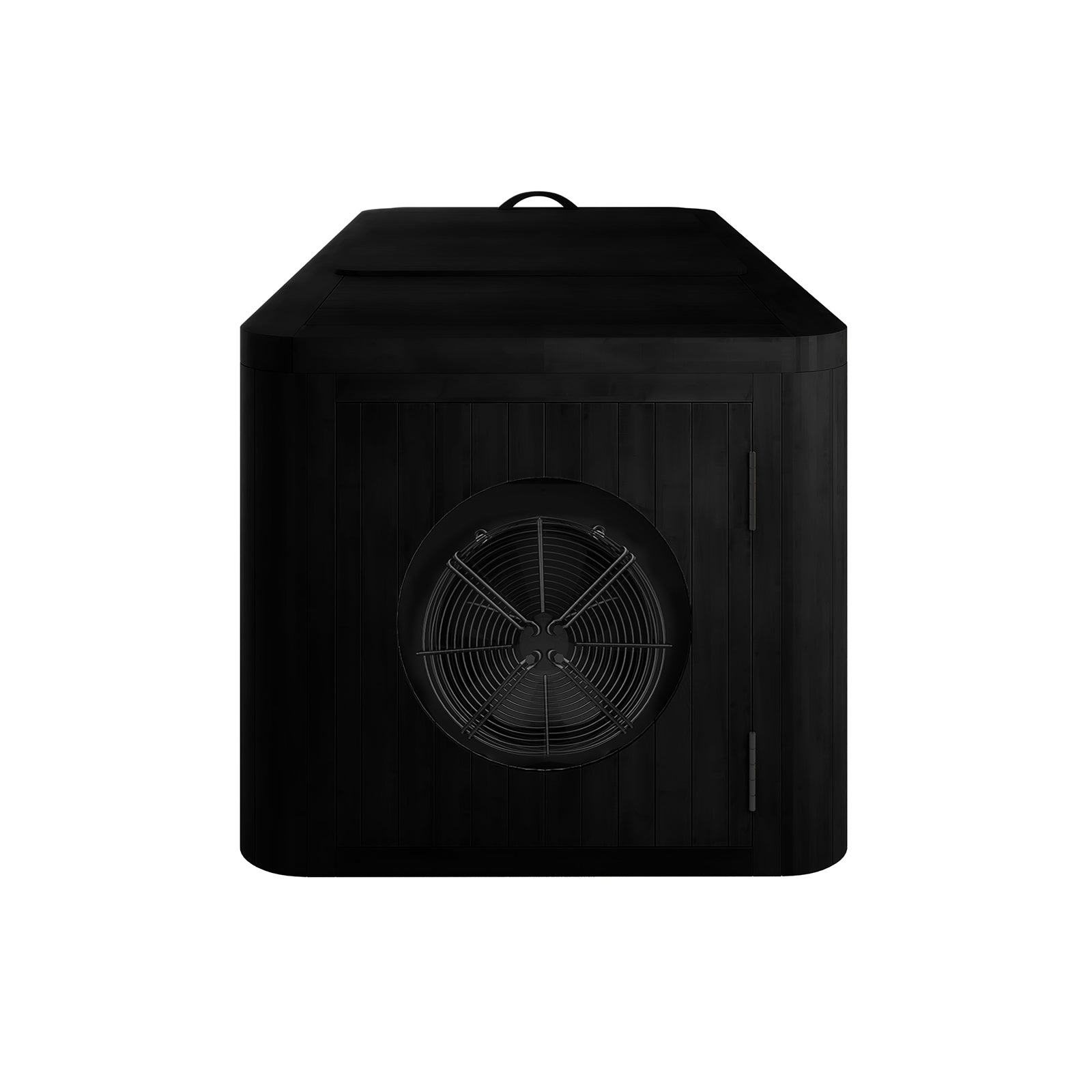 Lambert 2-Person 1HP Chiller Ice Bath in Black features a rectangular black cabinet with a circular wire grille showcasing a large axial fan, highlighting its sleek design and functionality.