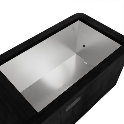 Lambert 2-Person 1HP Chiller Ice Bath in Black features a sleek, dark exterior with a reflective stainless-steel interior, drain hole, and side inlet/outlet, resembling a high-end spa container.