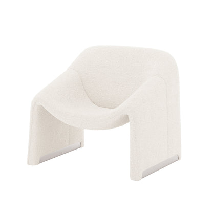 Aaralyn Bouclé Accent Chair: Close-up of a white chair with metal legs, featuring soft, textured bouclé fabric and a curved ergonomic design for stylish comfort and support.