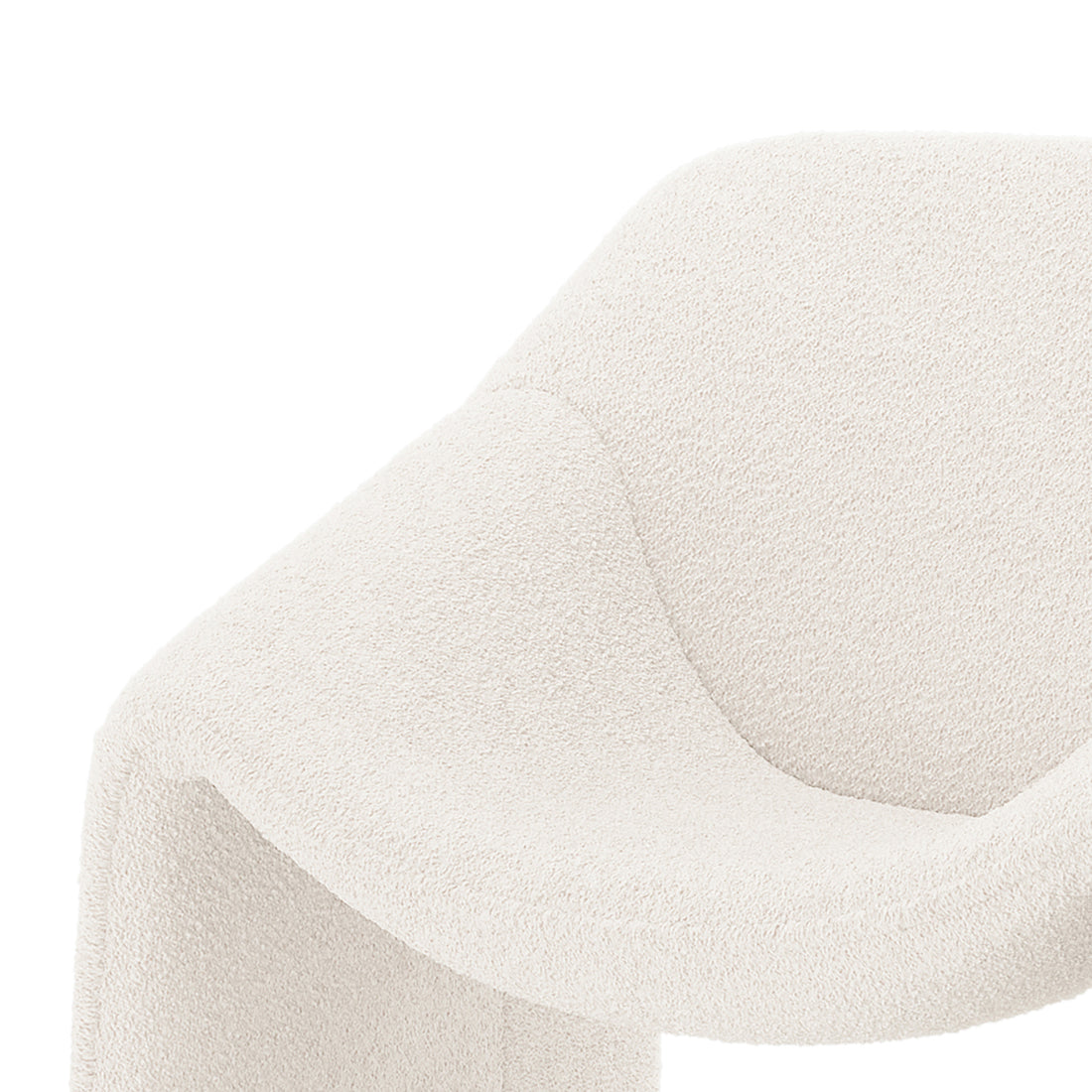 Close-up of the Aaralyn Bouclé Accent Chair highlighting its textured bouclé fabric and ergonomic curved design, showcasing plush high-density foam cushioning and solid wood frame for stylish comfort and durability.