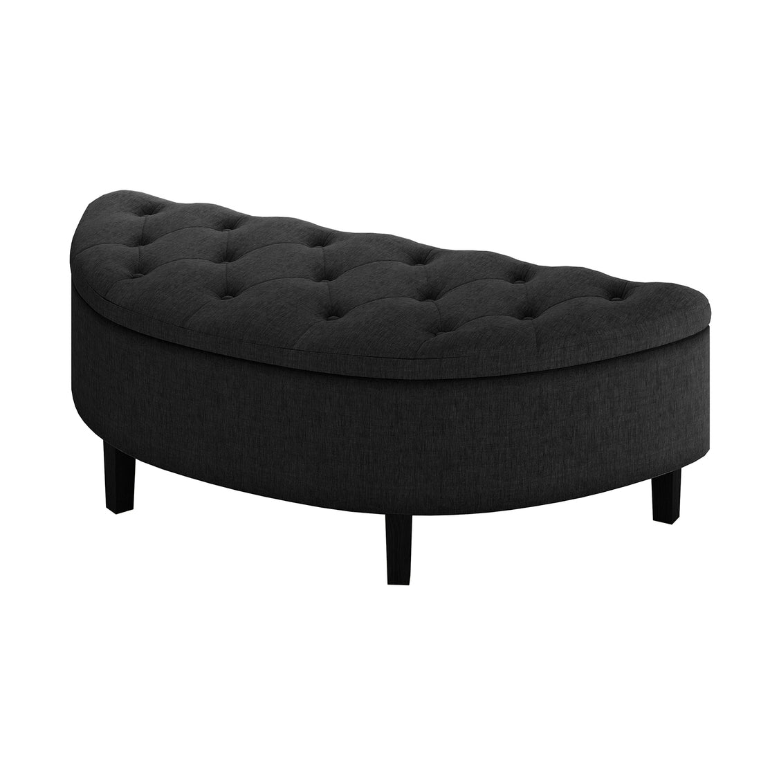 Amina Half Round Linen Fabric Ottoman in Black, featuring a crescent shape with deep button tufting and charcoal fabric, supported by four short, straight legs for an elegant and versatile accent piece.