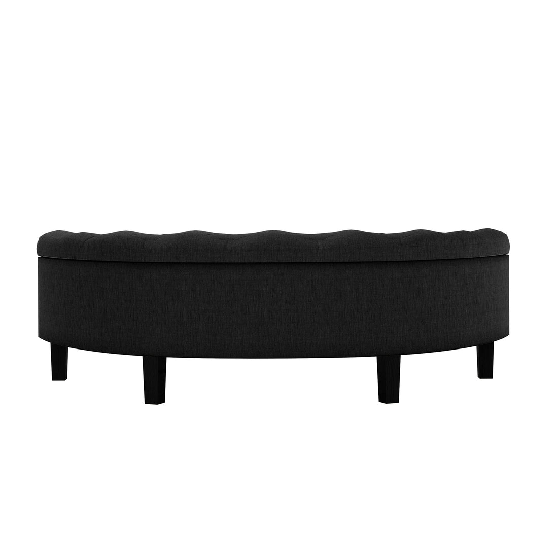 Amina Half Round Linen Fabric Ottoman in Black, featuring a semi-circular design with a tufted top, dark-stained wooden legs, and plush cushioning, ideal for elegant home decor and versatile functionality.