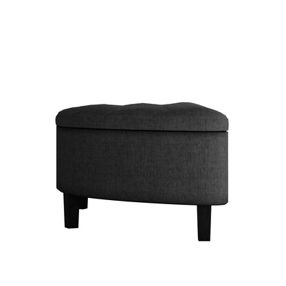 Amina Half Round Linen Fabric Ottoman in Black, featuring a tufted, padded top with a half-moon shape and short wooden legs, ideal for adding elegance and comfort to any space.