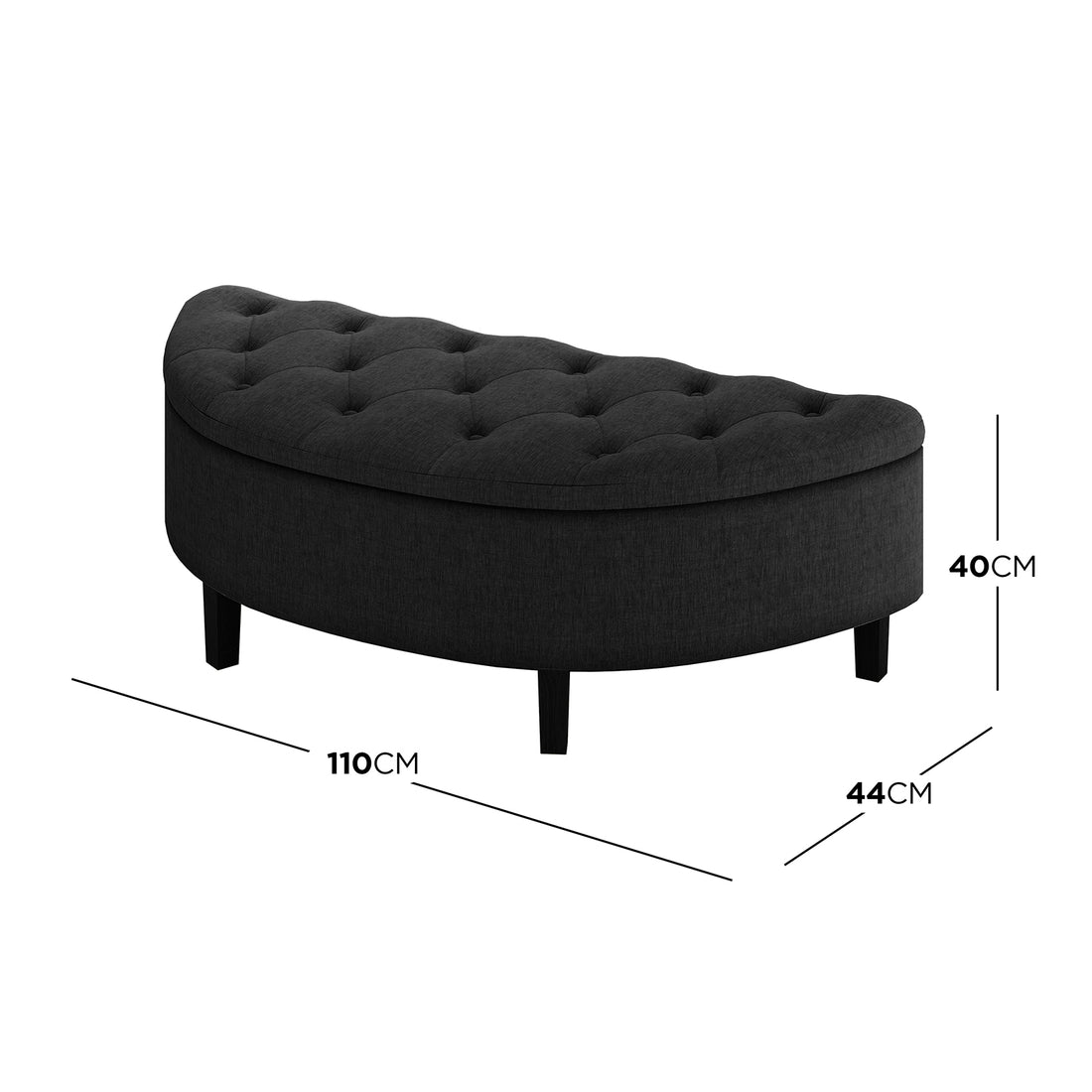 Amina Half Round Linen Fabric Ottoman in Black, featuring a button-tufted top, dark fabric, and four short legs, measuring 110cm wide, 44cm deep, and 40cm high.