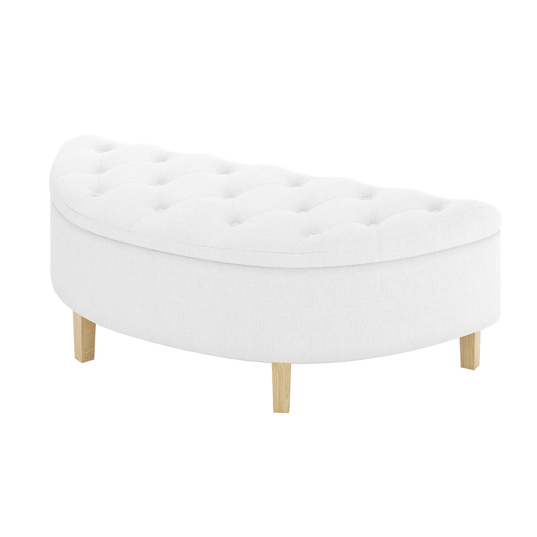 Amina Half Round Linen Fabric Ottoman in Off White, featuring tufted upholstery, stands on four short light-wood legs, offering a stylish and comfortable accent piece for any room.