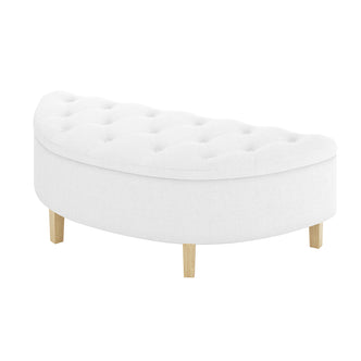 Amina Half Round Linen Fabric Ottoman in Off White, featuring tufted upholstery, stands on four short light-wood legs, offering a stylish and comfortable accent piece for any room.