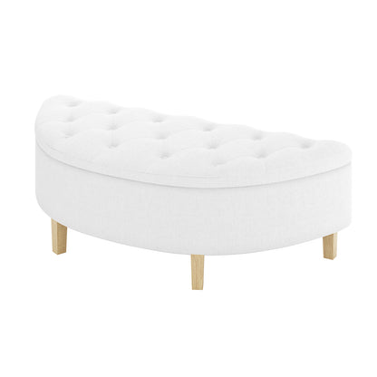 Amina Half Round Linen Fabric Ottoman in Off White, featuring tufted upholstery, stands on four short light-wood legs, offering a stylish and comfortable accent piece for any room.