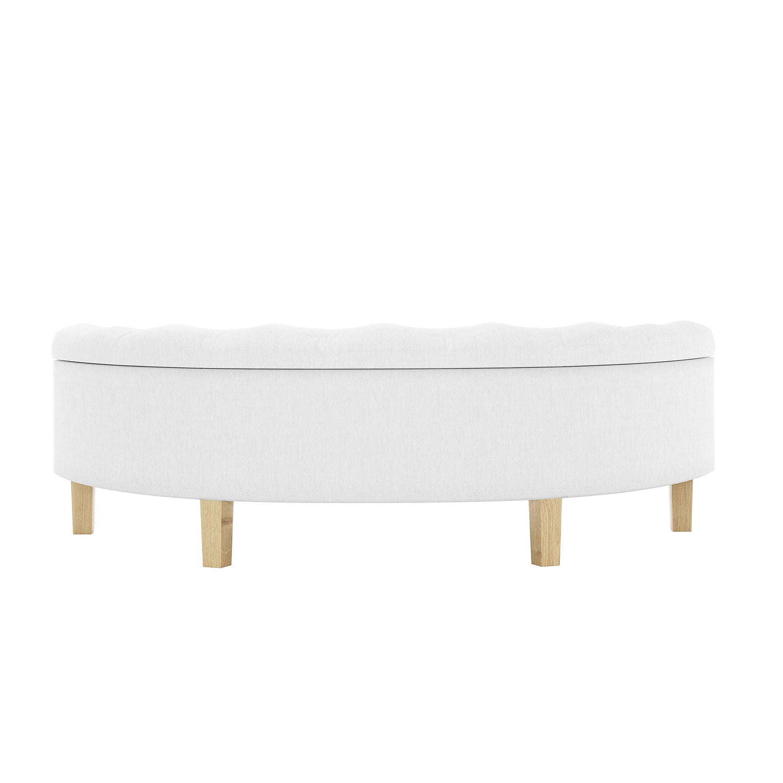 Amina Half Round Linen Fabric Ottoman in Off White features a tufted top and short wooden legs, offering a modern, elegant look. Perfect for seating or storage in any space.