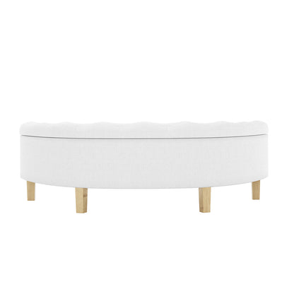 Amina Half Round Linen Fabric Ottoman in Off White features a tufted top and short wooden legs, offering a modern, elegant look. Perfect for seating or storage in any space.
