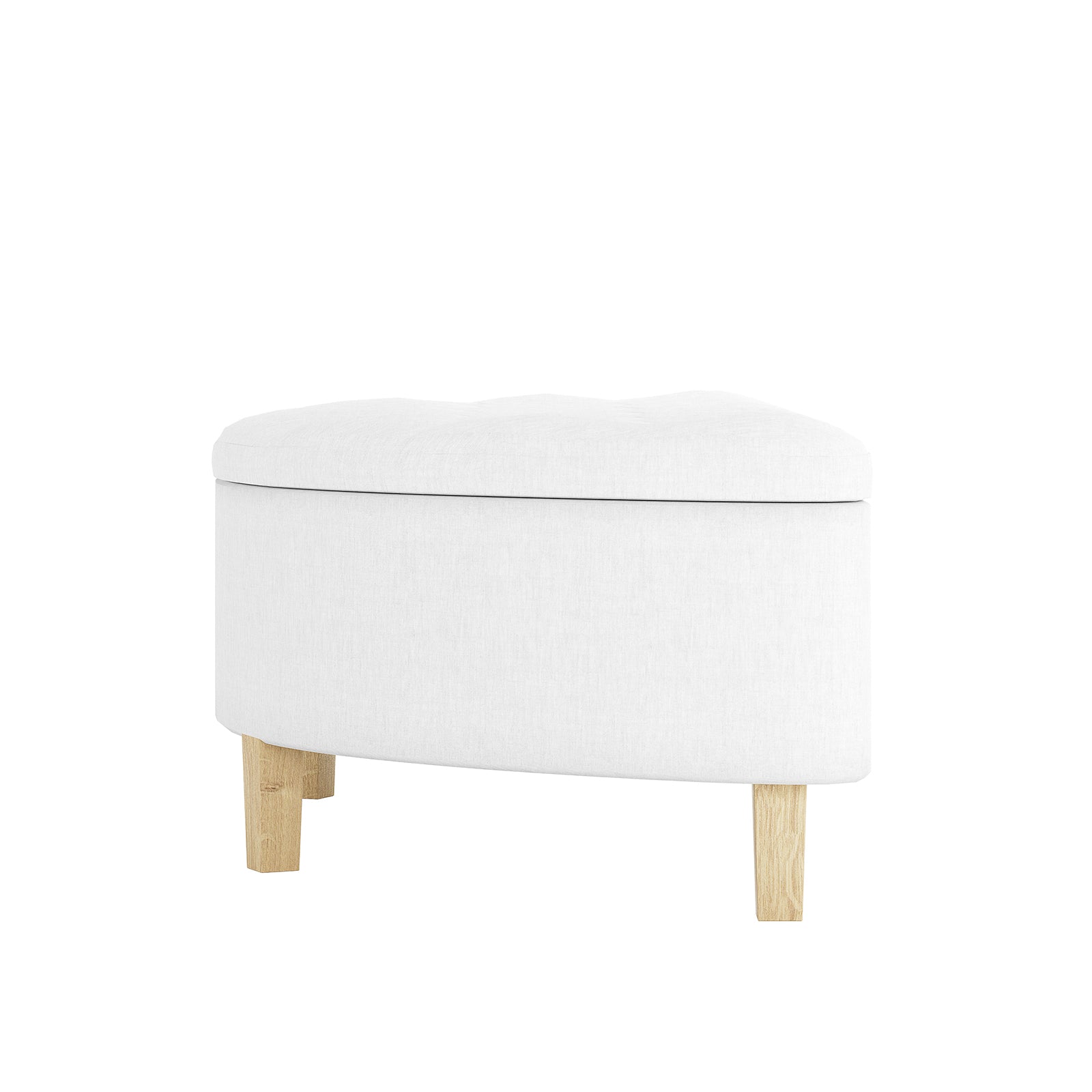 Amina Half Round Linen Fabric Ottoman in Off White, featuring a semi-oval tufted cushion and four short wooden legs, showcasing elegant linen upholstery for versatile home decor and comfort.