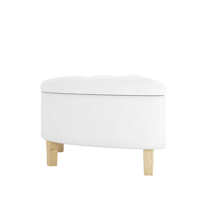 Amina Half Round Linen Fabric Ottoman in Off White, featuring a semi-oval tufted cushion and four short wooden legs, showcasing elegant linen upholstery for versatile home decor and comfort.