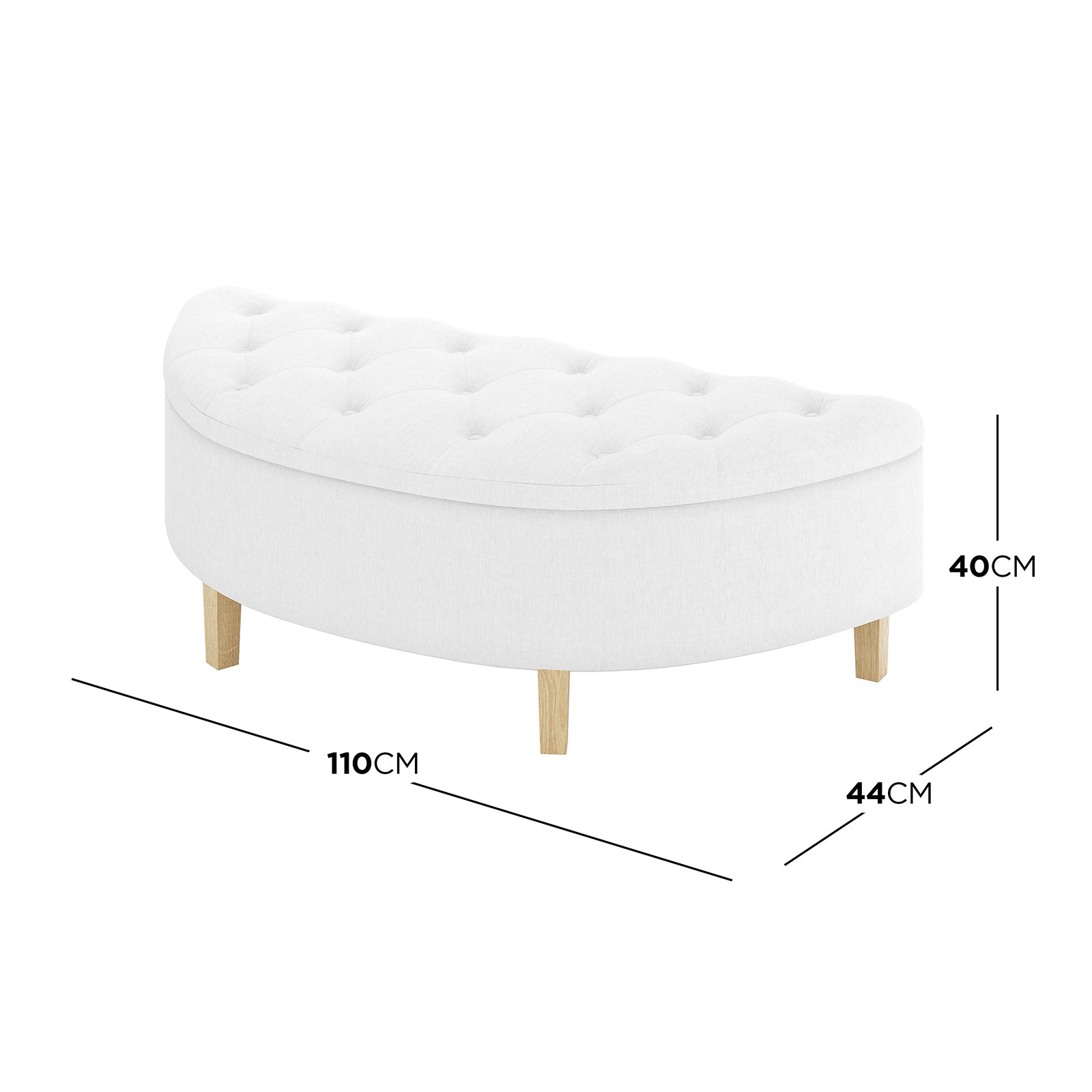 Amina Half Round Linen Fabric Ottoman in Off White, featuring a tufted, semi-circular upholstered seat on four short wooden legs, showcasing elegant design and functionality through its soft fabric and sturdy frame.