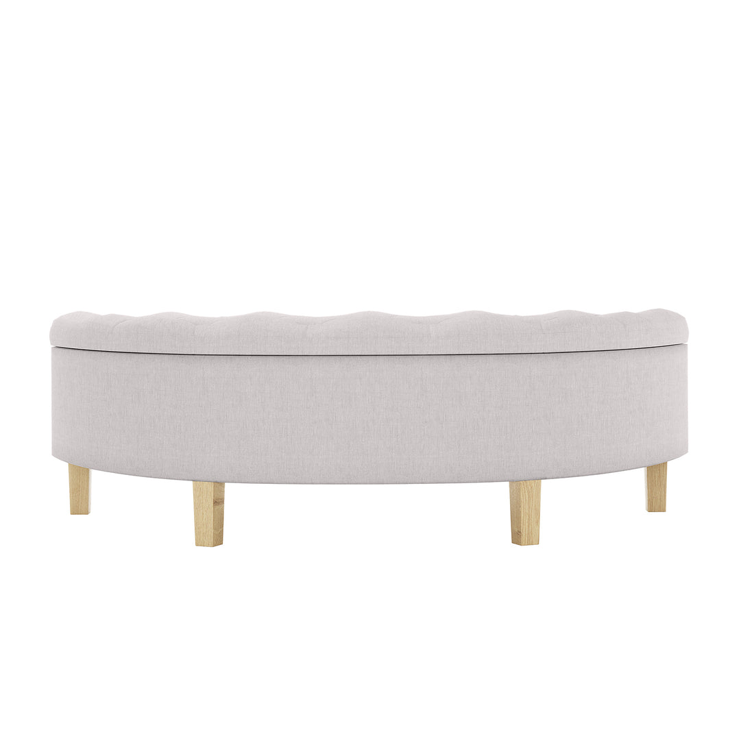 Amina Half Round Linen Fabric Ottoman in Warm Grey features a tufted top, semi-circular design, and six short wooden legs, enhancing elegance and functionality with storage beneath its cushion.