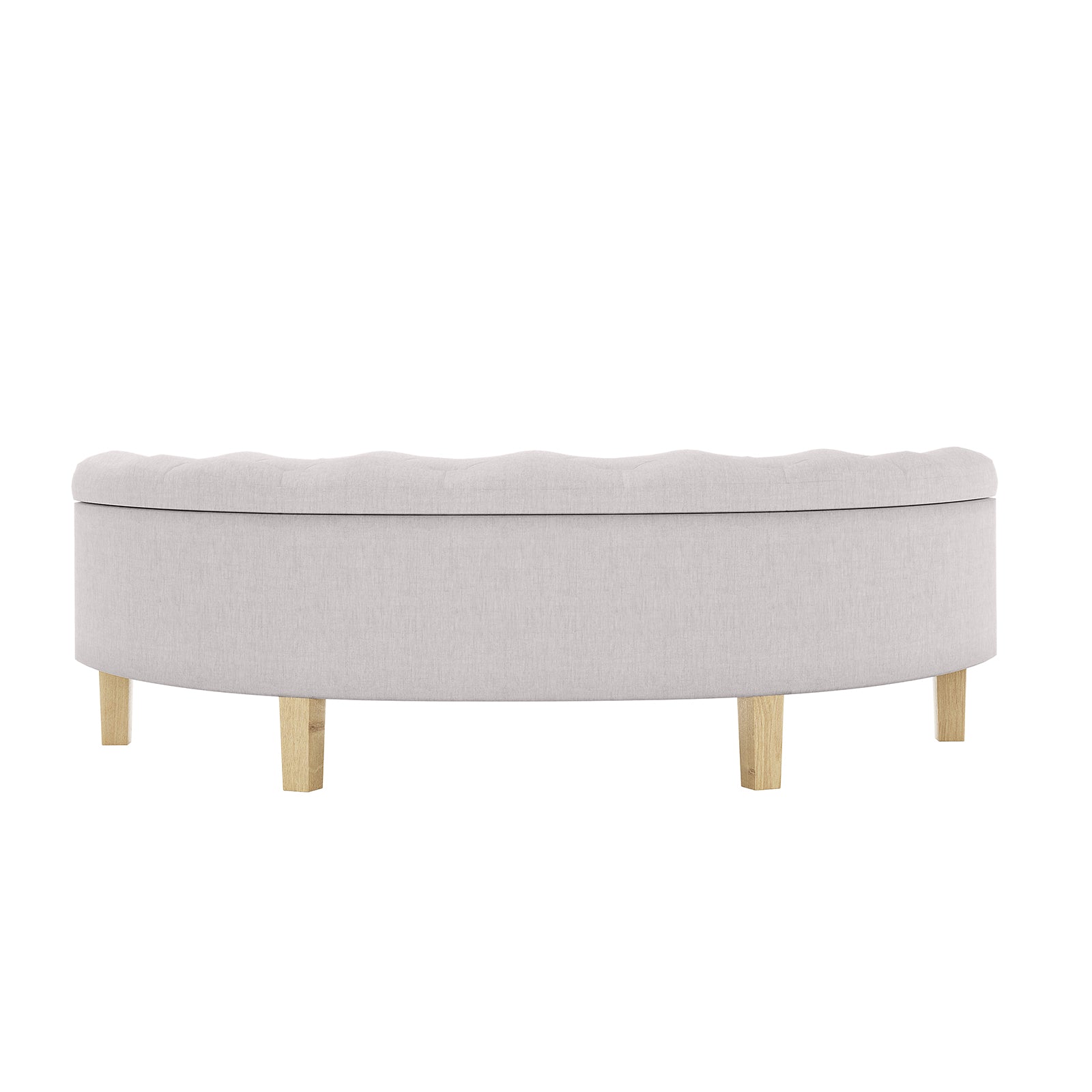Amina Half Round Linen Fabric Ottoman in Warm Grey features a tufted top, semi-circular design, and six short wooden legs, enhancing elegance and functionality with storage beneath its cushion.