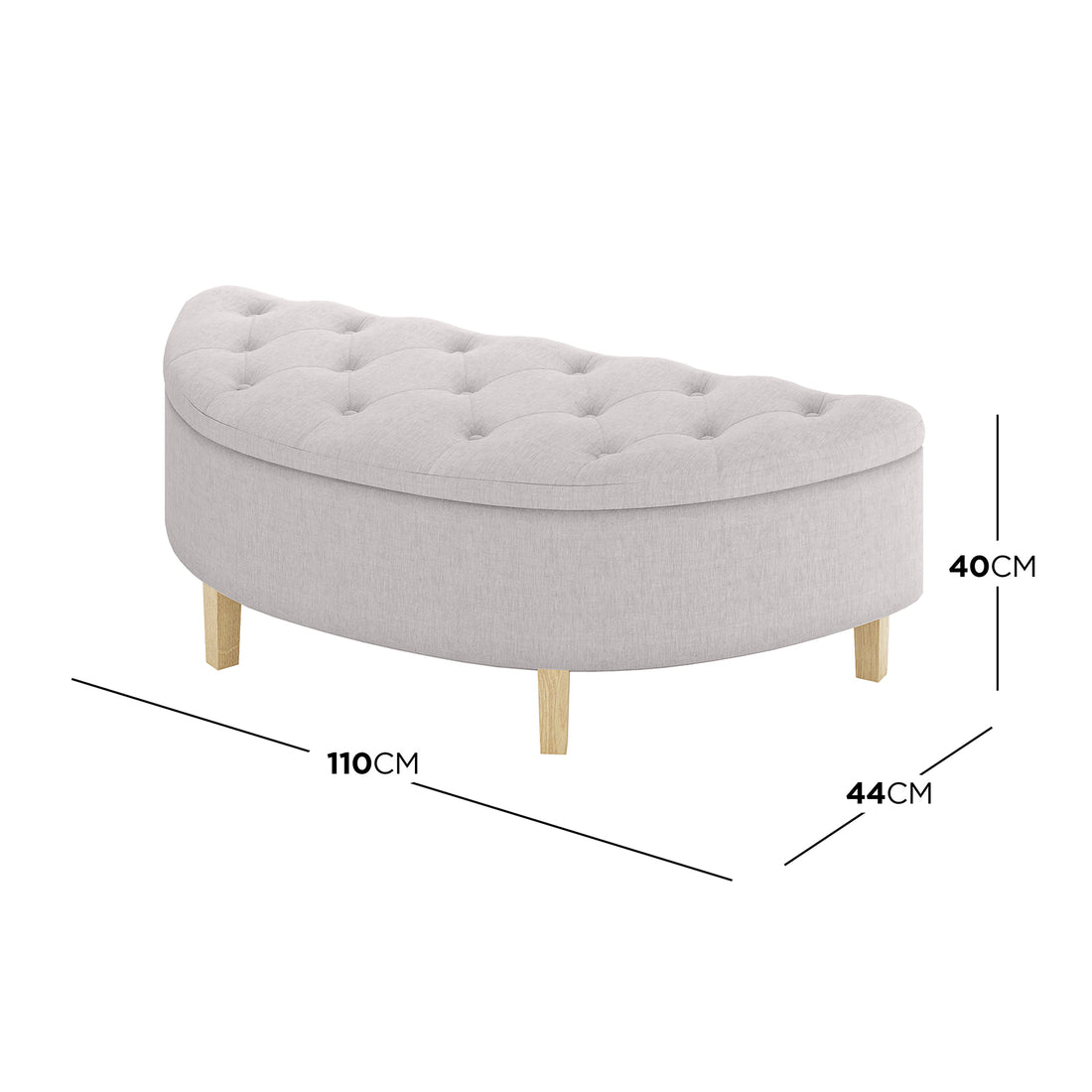 Amina Half Round Linen Fabric Ottoman in Warm Grey, featuring a tufted top cushion, semi-circular shape, and supported by four short wooden legs. Measures 110 cm across, 44 cm deep, and 40 cm tall.