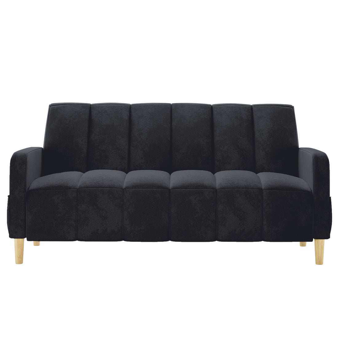 Anica 3 Seater Velvet Sofa Bed in Black with channel-stitched cushions, squared-off arms, and light-wood tapered legs, offering a stylish, functional seating and sleeping solution.