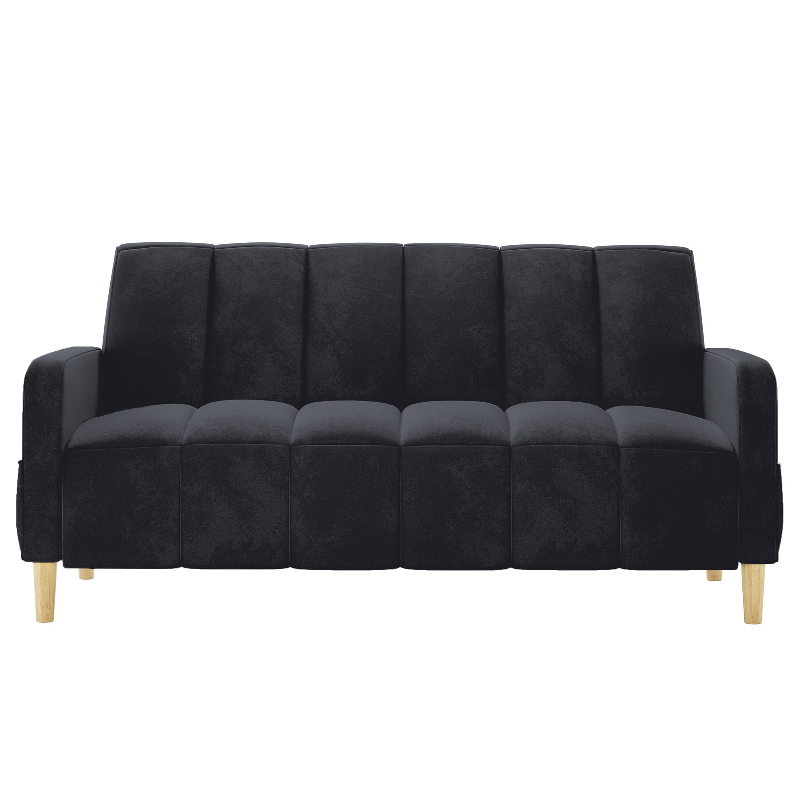 Anica 3 Seater Velvet Sofa Bed in Black with channel-stitched cushions, squared-off arms, and light-wood tapered legs, offering a stylish, functional seating and sleeping solution.