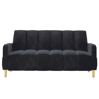 Anica 3 Seater Velvet Sofa Bed in Black with channel-stitched cushions, squared-off arms, and light-wood tapered legs, offering a stylish, functional seating and sleeping solution.