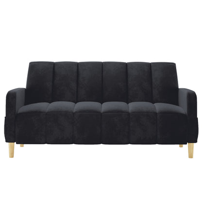 Anica 3 Seater Velvet Sofa Bed in Black with channel-stitched cushions, squared-off arms, and light-wood tapered legs, offering a stylish, functional seating and sleeping solution.