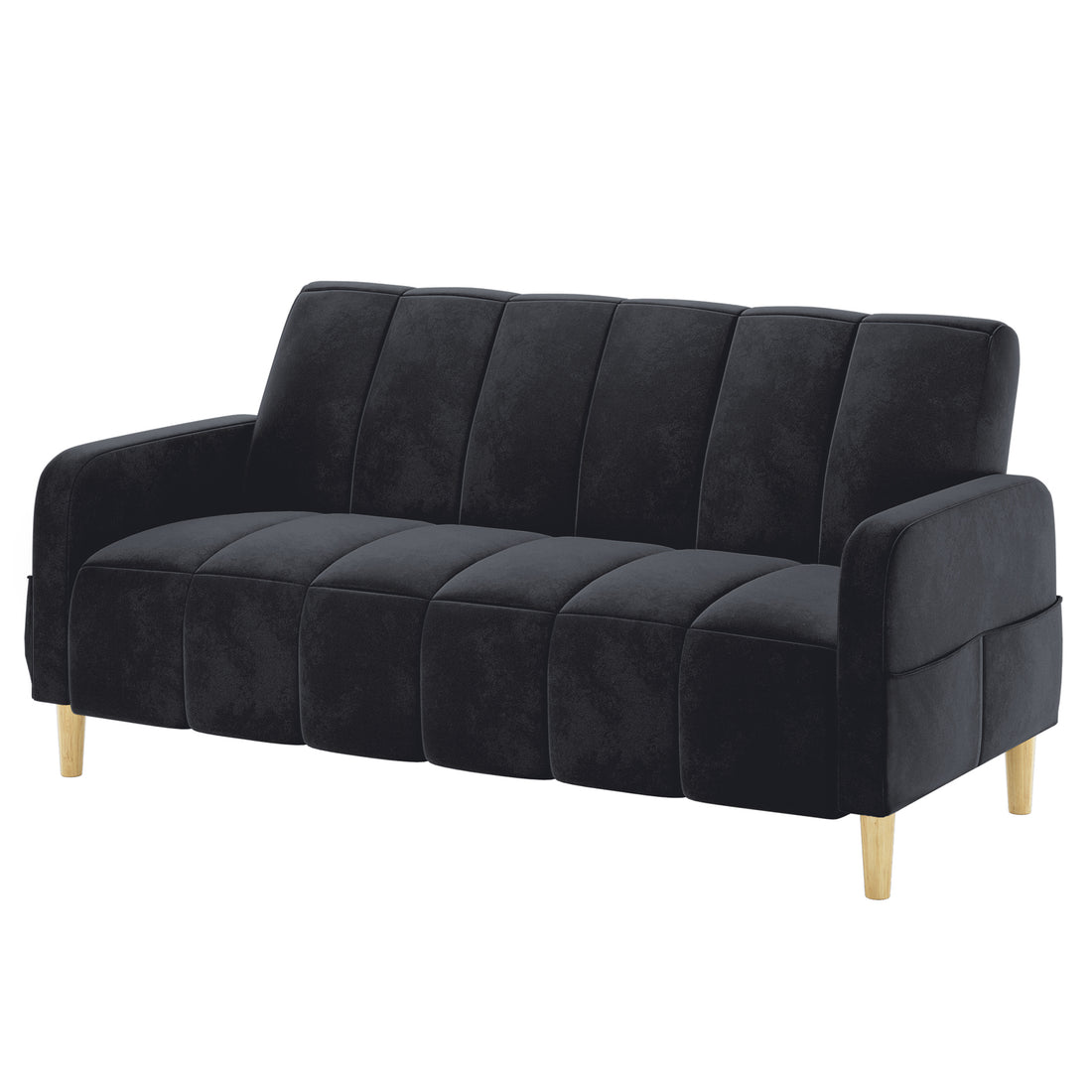 Anica 3 Seater Velvet Sofa Bed in Black, featuring deep charcoal upholstery with channel-tufted cushions and light wood tapered legs, offering a modern, multifunctional design for stylish living room comfort.
