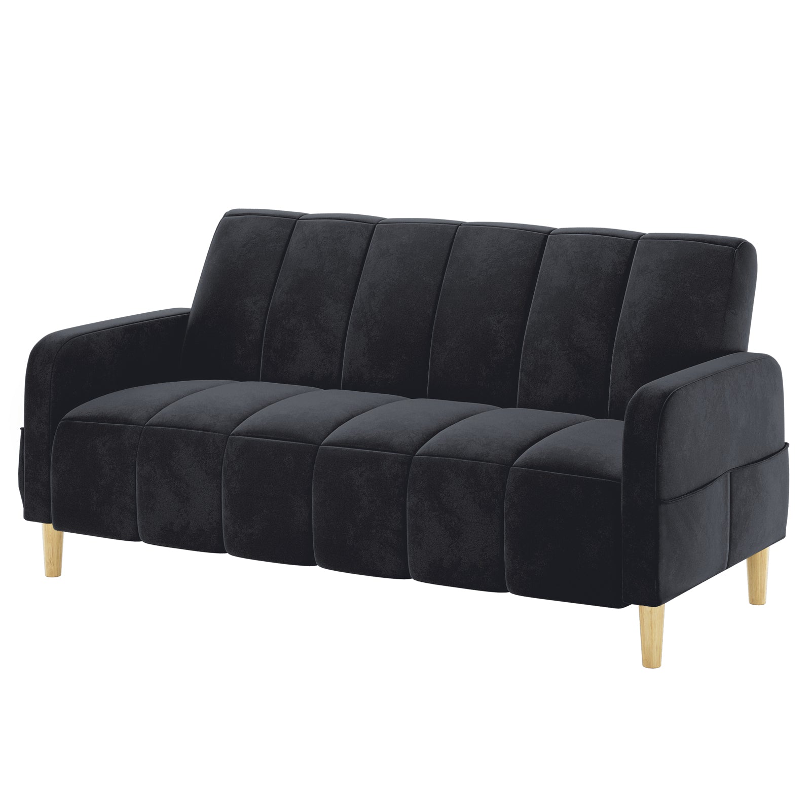 Anica 3 Seater Velvet Sofa Bed in Black, featuring deep charcoal upholstery with channel-tufted cushions and light wood tapered legs, offering a modern, multifunctional design for stylish living room comfort.
