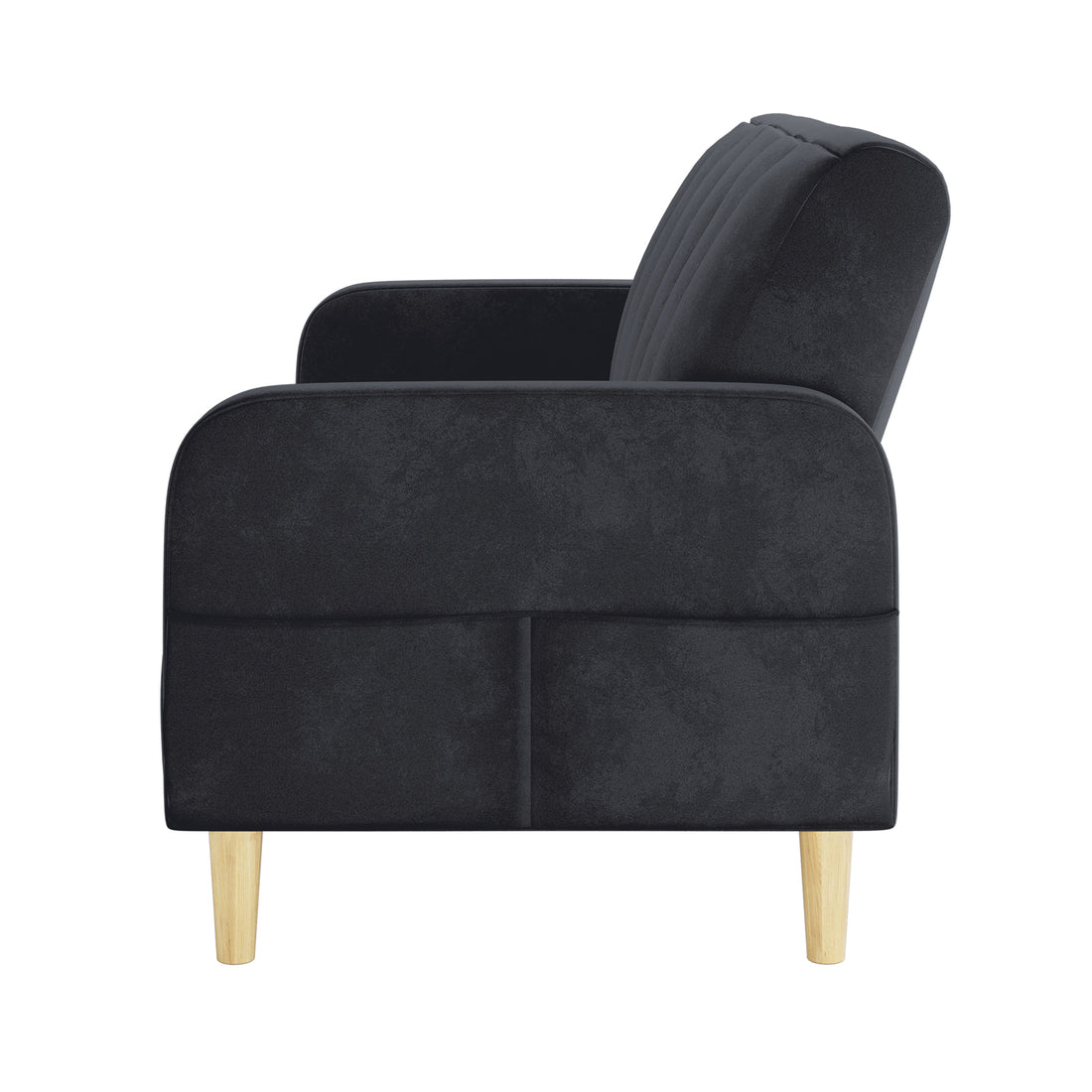 Anica 3 Seater Velvet Sofa Bed in Black; modern design with black upholstery, rounded arms, tufted back cushion, and light-wood tapered legs, showcasing a versatile, stylish sofa-bed option.