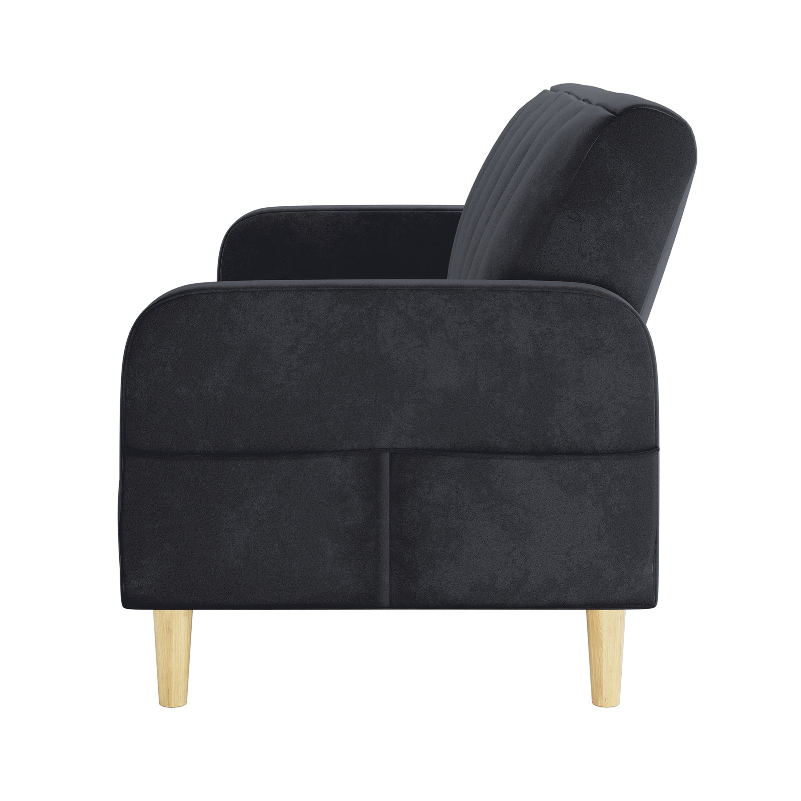 Anica 3 Seater Velvet Sofa Bed in Black; modern design with black upholstery, rounded arms, tufted back cushion, and light-wood tapered legs, showcasing a versatile, stylish sofa-bed option.