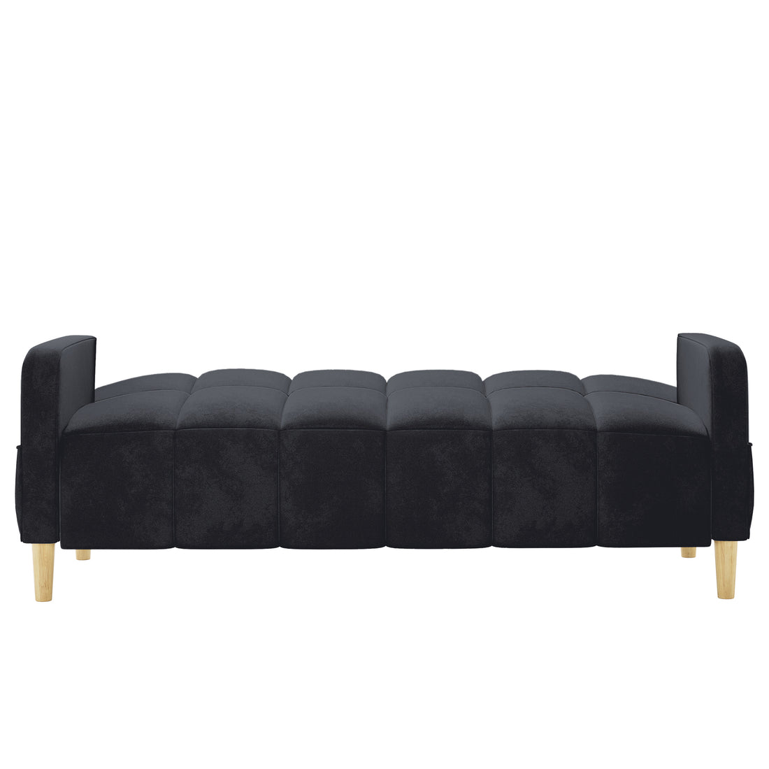 Anica 3 Seater Velvet Sofa Bed in Black, featuring a modern grid-tufted seat, short armrests, and light-wood legs, offers a sleek, versatile addition to any living space.