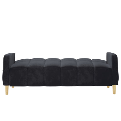 Anica 3 Seater Velvet Sofa Bed in Black, featuring a modern grid-tufted seat, short armrests, and light-wood legs, offers a sleek, versatile addition to any living space.