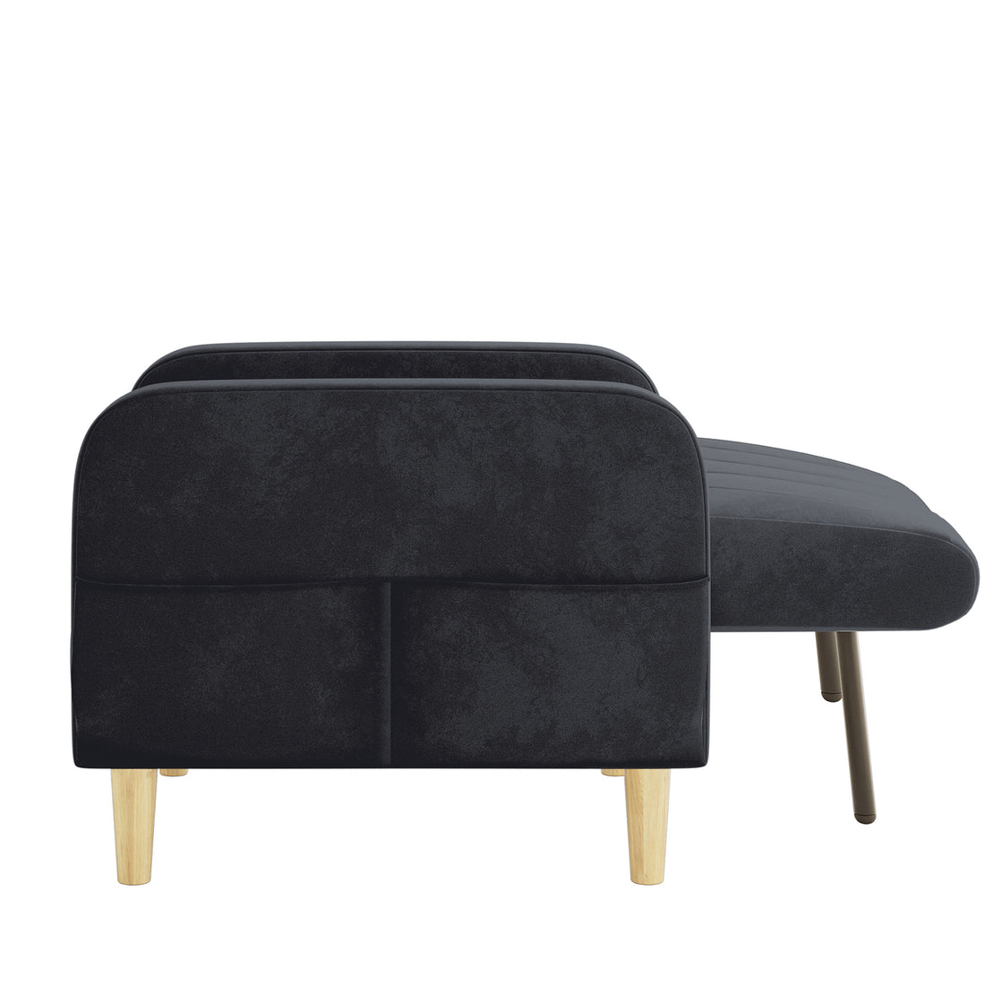 Anica 3 Seater Velvet Sofa Bed in Black, featuring dark upholstery on slender wooden legs, offers a compact design perfect for small spaces, effortlessly transforming from a stylish sofa to a functional bed.